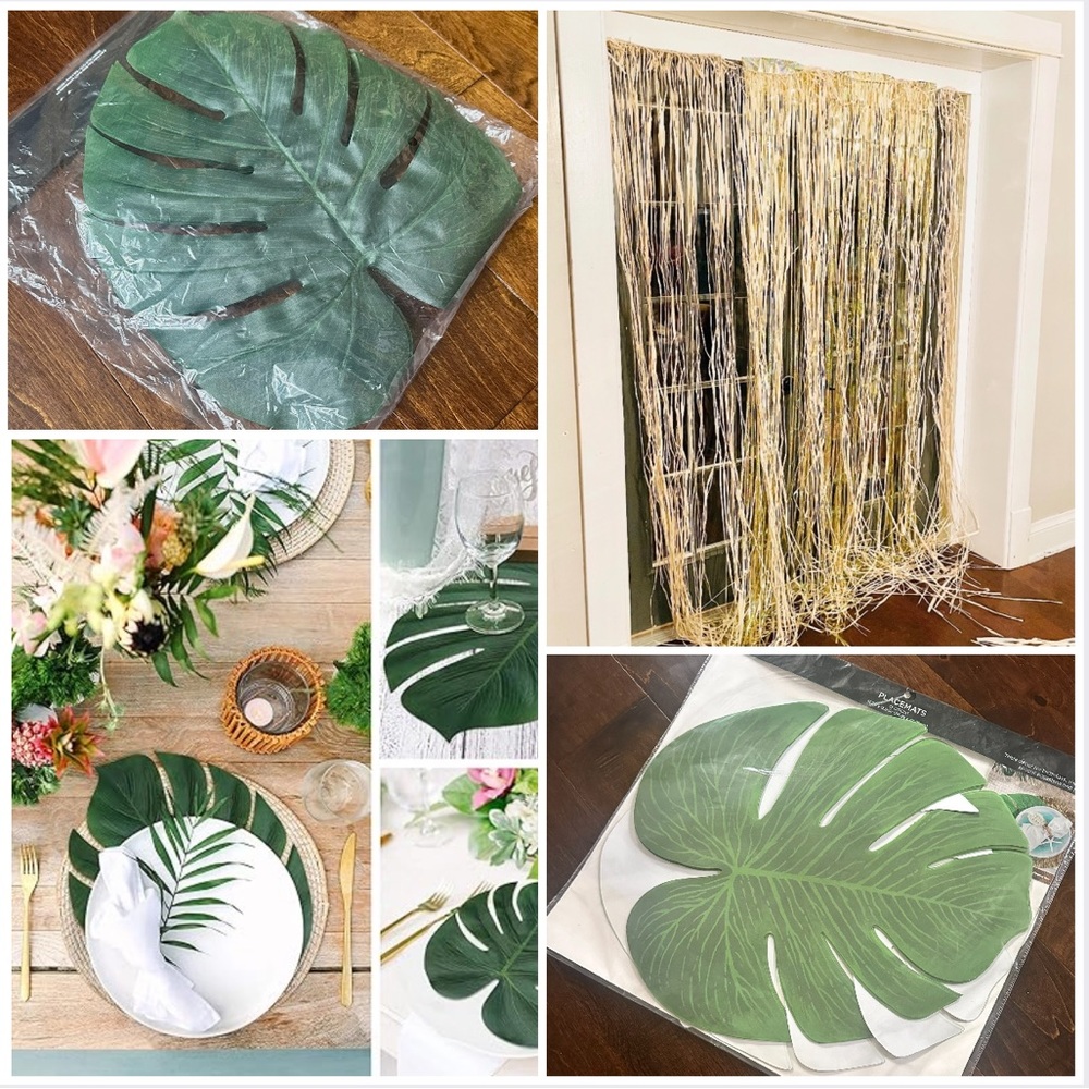 Natural grass straw and gold iridescent sparkling door decor and palm leaves
